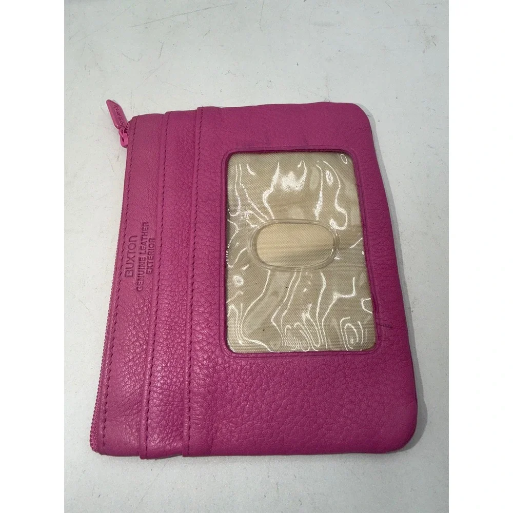 Buxton Pink Genuine Leather Card Case ID Window Coin Purse Key Ring Zip Pouch